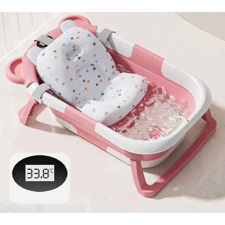 Portable Collapsible Baby & Infant Bath Tub Cushion & Temperature Sensor.