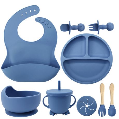 9 Pcs Baby Silicone Plate With Lid Waterproof Cup Wood Spoon Fork Bowl Set
