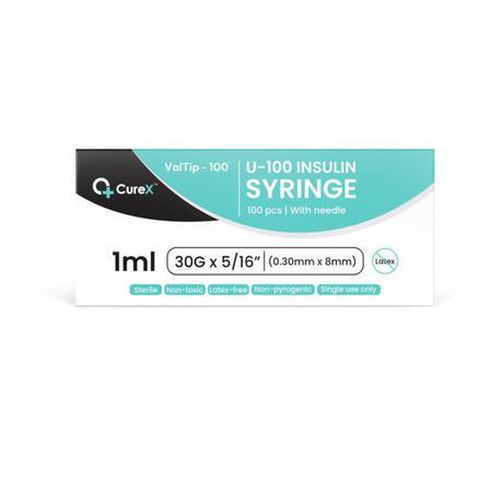 Curex ValTip-100 Sterile Insulin Syringe - 1ml, 30G, 8mm Needle - 100 pack