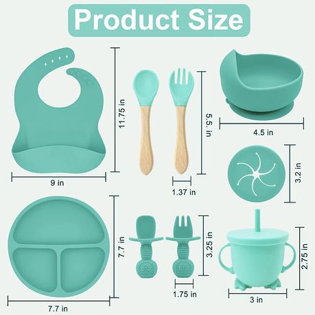 9 Pcs Baby Silicone Plate With Lid Waterproof Cup Wood Spoon Fork Bowl Set