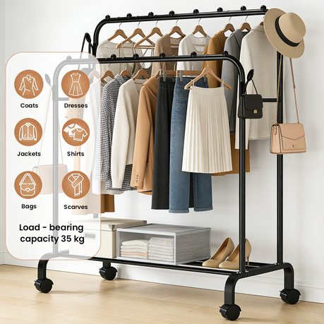 Topika Double Rod Clothes Rack with Wheels & Metal Shoe Storage Stand