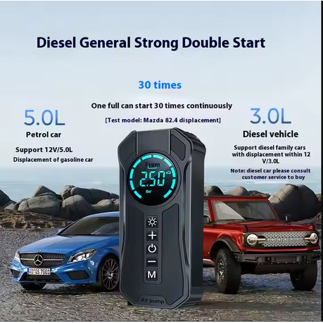 Portable 2-in-1 Car Tyre Inflator & Jump Starter - Digital Air Compressor