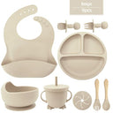 9 Pcs Baby Silicone Plate With Lid Waterproof Cup Wood Spoon Fork Bowl Set