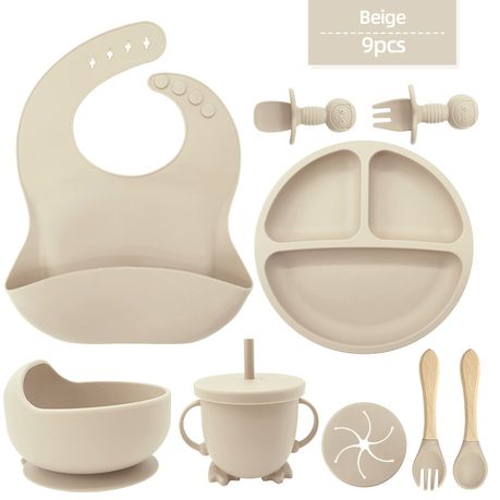9 Pcs Baby Silicone Plate With Lid Waterproof Cup Wood Spoon Fork Bowl Set