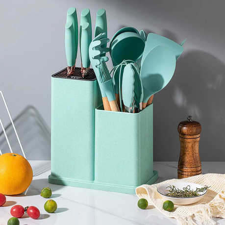 Silicone Utensil Set with Knife, Spoons & Storage Rack (19 Piece)