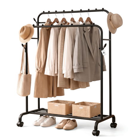 Topika Double Rod Clothes Rack with Wheels & Metal Shoe Storage Stand